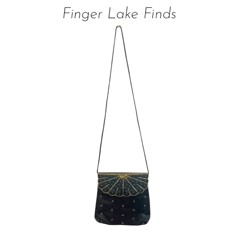 Genie Black Satin Crossbody Bag with Gold Beads